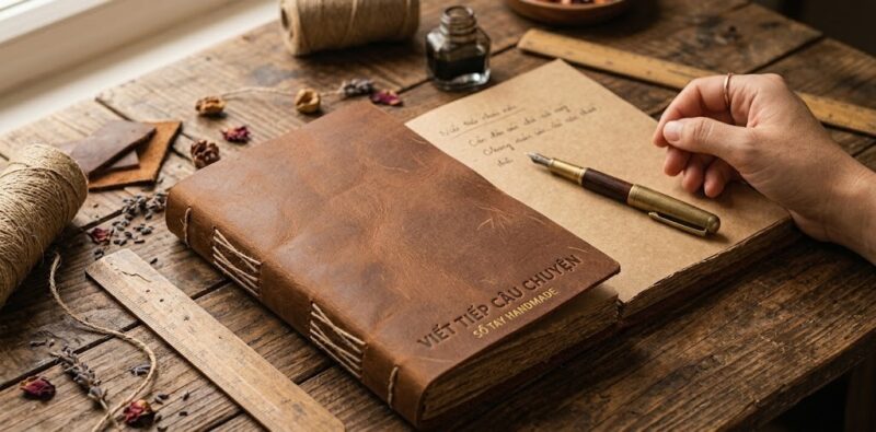 Sổ tay da bò thật khâu gáy phong cách vintage